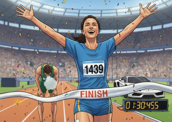 Femme franchissant la ligne d'arrivée sur une piste de course avec un coureur perdant en arrière plan